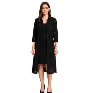 Worth New York Black Eyelet Overlay Dress Set Floral Duster & Slip  6